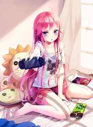 bed female pink_hair purple_hair sitting tagme wait