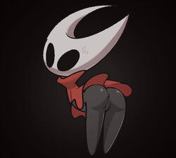 ambiguous_gender anus ass bent_over big_eyes biped black_background black_eyes black_skin bottomless cape cloak clothed clothing female hollow_knight hornet_(hollow_knight) humanoid light_skin pale_skin partially_clothed rear_view red_cape simple_background solo upskirt vilepluff white_skin