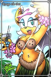 1girls animal_ears anthro big_breasts blue_eyes blue_nails breasts cleavage coconut_bra drink female female_only flower furry grass_skirt holding hula lipstick makeup mascara nail_polish navel navel_piercing oerba_yun_fang omegasunburst open_mouth outside painted_nails palm_tree rouge_the_bat sega selfpic sonic_(series) thighs