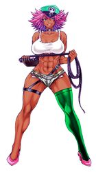 abs bare_shoulders blue_eyes breasts busty chiba_toshirou choker daisy_dukes dark-skinned_female dark_skin edit female final_fight grin hat high_heels huge_breasts large_breasts legs looking_at_viewer muscles muscular muscular_female naughty_face navel pink_hair poison_(final_fight) seductive seductive_smile short_shorts smile solo street_fighter street_fighter_v thick_thighs third-party_edit whip