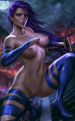 1girls areolae betsy_braddock big_breasts breasts costume detailed_background digital_media_(artwork) elizabeth_braddock female female_focus female_only hi_res highres innie_pussy katana kwannon large_breasts legwear logan_cure long_hair looking_at_viewer marvel marvel_comics moon mostly_nude navel nipples nude nude_female on_roof outdoors pose posing psylocke purple_eyes purple_hair pussy shaved_pussy shoes solo solo_female solo_focus spread_legs straight_hair superheroine sweat sword thick_thighs thighhighs thighs uncensored vagina weapon wet wet_pussy x-men