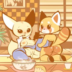 1:1 2019 :3 aggressive_retsuko ailurid anthro anthro_on_anthro anus ass blush breasts canid canine clothed clothed/nude clothing duo female female/female fennec fenneko food fox hi_res looking_at_viewer mammal nipples nude office_lady pussy red_panda retsuko sanrio smile smooth_skin tophatmahoney yellow_theme yuri