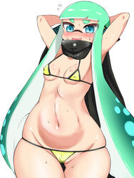 1girls agent_3_(splatoon) bikini blue_eyes blush breasts cephalopod cephalopod_humanoid cleavage female female_only hands_behind_head humanoid inkling inkling_girl marine marine_humanoid navel nintendo pengin_maru small_breasts solo splatoon standing string_bikini swimsuit tentacle_hair thick_thighs thighs white_background wide_hips yellow_bikini