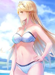 anbe_yoshirou beach bikini blonde_hair blur breasts cleavage cloud female gem hair_ornament hand_on_hips headpiece jewelry large_breasts long_hair looking_at_viewer mythra navel nintendo ocean pose sky solo staring swimsuit thighs tiara tsundere very_long_hair xenoblade_(series) xenoblade_chronicles_2 yellow_eyes