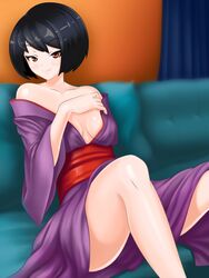 artist_request bare_shoulders black_hair bob_cut breasts brown_eyes cleavage closed_mouth collarbone couch curtains date_crush_stories erisa_(date_crush_stories) eyebrows_visible_through_hair female game_cg highres indoors invitation japanese_clothes kimono long_sleeves looking_at_viewer no_bra obi off_shoulder purple_kimono red_kimono sash short_hair sitting small_breasts smile solo spread_legs thighs undressing wall wide_sleeves yukata