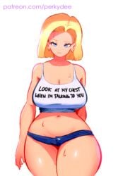 1girls alpha_channel alternate_breast_size alternate_outfit android_18 big_breasts breasts cleavage clothed crop_top deee dragon_ball dragon_ball_z eye_contact for_sticker_use half-closed_eyes looking_at_viewer no_background patreon png shorts sticker_template sweat tank_top text thick_thighs transparent_background transparent_png wet white_border wide_hips