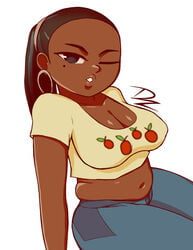 big_breasts brown_skin chubby cleavage dark-skinned_female dzyer earring female female_only hoop_earring leshawna_(tdi) one_eye_closed puckered_lips solo total_drama_island wink