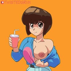 1girls 2d 2d_animation animated areolae breast_slip breasts brown_eyes brown_hair clothing exposed_breasts female female_only flashing fully_clothed nabiki_tendo nipples one_breast_out ranma_1/2 shirt simple_background smile solo tagme twistedgrim