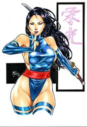 1girls 2019 betsy_braddock big_breasts blue_gloves blue_leotard breasts busty curvaceous curvy dated ed_benes_studio elizabeth_braddock eyeshadow female female_only fred_benes gloves holding_katana holding_sword holding_weapon homo_superior human katana kwannon large_breasts leg_band leotard lipstick long_hair makeup marvel marvel_comics mascara mutant nipple_bulge nipples pinup psylocke purple_hair red_lips red_lipstick red_sash sash sideboob signature solo standing straight_hair superheroine sword telepath thick_thighs thighs voluptuous weapon x-men