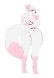 anthro ass balls big_breasts breasts canid canine cherryblossoms fur hair herm hi_res intersex kitsunewaffles-chan long_hair looking_at_viewer mammal nude pussy sakura_(sakuradlyall) simple_background smile solo standing