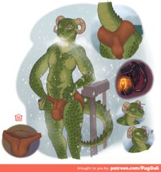 anthro argonian ass balls bethesda_softworks breath chastity_cage chastity_device clothing digital_media_(artwork) hi_res horn looking_at_viewer male model_sheet mostly_nude penis presenting presenting_hindquarters puggy reptile scalie scar simple_background skyrim solo standing the_elder_scrolls underwear video_games