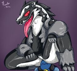 1boy 2019 ambiguous_gender ass claws feet furry larger_male male male_focus nintendo obstagoon paws pokémon_(species) pokemon pokemon_dppt pokemon_ss riolu size_difference sniffing straight_hair testicles thaasteo thick_thighs tongue video_games