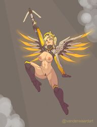 abs action_pose arm_sleeves big_breasts blonde_hair blue_eyes boots breasts exoskeleton functionally_nude gloves icebeam86 mechanical mechanical_wings mercy muscular_thighs navel overwatch pinup pose posing pubic_hair pussy staff tagme thick_thighs thighhigh_boots vagina wings