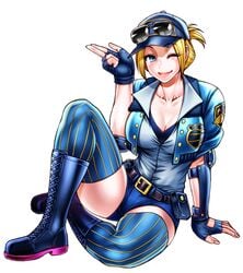 blonde_hair busty chiba_toshirou cleavage eyewear_on_head female final_fight glasses_on_head lucia_morgan police_uniform ponytail street_fighter sunglasses_on_head tagme thighhighs