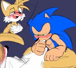 anthro aroused balls blue_eyes blue_fur blush bodily_fluids body_hair canid canine chest_hair erection eulipotyphlan fellatio fox fur green_eyes half-closed_eyes hedgehog hi_res looking_pleasured male male/male mammal nude open_mouth oral penile penis sex sketch sonic_(series) sonic_the_hedgehog sweat tails tan_fur vellvetfoxie white_balls white_fur white_penis yellow_fur