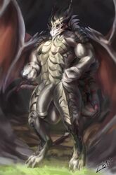 anthro balls big_balls big_penis dragon flaccid hi_res horn huge_balls huge_cock humanoid_penis male male_only muscular muscular_male obaum penis solo standing uncut vein wings