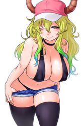 1girls baseball_cap big_breasts bikini black_legwear blonde_hair blush breasts choker cleavage dragon_girl dragon_horns erect_nipples gradient_hair green_hair hat high_res horns hot_pants long_hair looking_at_viewer miss_kobayashi's_dragon_maid multicolored_hair navel one_eye_closed onsoku_inu quetzalcoatl_(dragon_maid) short_shorts shorts shorts_pull simple_background smile swimsuit thighhighs undressing white_background