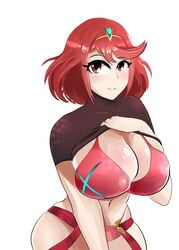 1girls bangs big_breasts bra breasts cleavage hair_ornament large_breasts midriff pink_bra pyra red_eyes red_hair shirt shirt_lift short_shorts shorts smile xenoblade_(series) xenoblade_chronicles_2 xiceowl