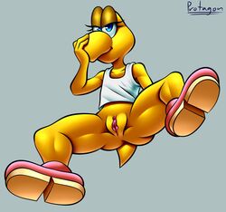 1girls anthro blue_eyes bottomless female female_only half-closed_eyes half_nude hand_on_nose koopa_troopa mario_(series) muscles muscular_female nintendo protagon pussy shoes simple_background smile solo spread_legs tagme tail tank_top thick thick_thighs thighs vagina yellow_skin