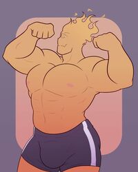 1boy abs arms_up bara big_ass big_bulge big_butt big_pecs black_underwear bulge closed_mouth clothing fire flat_colors flexing gay glasses grillby looking_to_the_side male male_only muscles no_shading orange_background orange_skin pecs penis pink_nipples purple_background redeyedgazer six_pack smile striped_underwear undertale underwear underwear_only