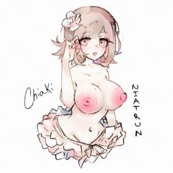 1girls areolae bangs bare_shoulders belly blunt_bangs breasts brown_eyes brown_hair collarbone danganronpa danganronpa_2:_goodbye_despair eyebrows_visible_through_hair female_only flower hair_flower hair_tucking hairclip half-closed_eyes inverted_nipples large_areolae large_breasts large_nipples light_brown_hair looking_at_viewer messy_hair mole mole_on_breast nail_polish nanami_chiaki navel nipples no_bra open_mouth pink_nails puffy_nipples short_hair skirt solo source_request straight_hair swimsuit thin_waist topless traditional_media_(artwork) watercolor_(artwork) white_background white_skin wide_hips