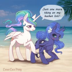 1:1 alicorn anus beach blush dialogue duo english_text equid female feral friendship_is_magic horn lunarlacepony mammal my_little_pony outside princess_celestia_(mlp) princess_luna_(mlp) pussy seaside sibling signature sister sisters speech_bubble text wings