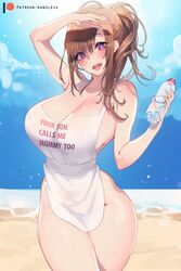 1girls apron beach big_breasts blush breasts brown_hair clothing curvy female female_only hair large_breasts looking_at_viewer mature mature_female milf naked_apron nanoless nude oosuki_mamako open_mouth patreon purple_eyes smile solo thick_thighs tsuujou_kougeki_ga_zentai_kougeki_de_ni-kai_kougeki_no_okaasan_wa_suki_desu_ka? url water water_bottle wide_hips