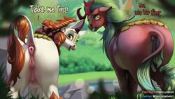 2019 animal_genitalia animal_pussy anus asian_mythology ass autumn_blaze_(mlp) butt_focus chinese_mythology cinder_glow_(mlp) crotchboobs dialogue east_asian_mythology english_text equine_pussy female feral friendship_is_magic hi_res kirin looking_at_viewer looking_back mercurial64 my_little_pony mythology outside pussy rear_view solo take_your_pick text