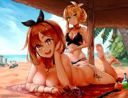 2girls ass atelier_(series) atelier_ryza barefoot beach big_breasts breasts cleavage feet female large_breasts looking_at_viewer outdoors outside reisalin_stout sereneandsilent toes topless