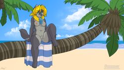 16:9 anthro beach breasts canid canine canis female hands-free_bubble_tea helsy hi_res lafille looking_at_viewer mammal meme nipples nude outside palm_tree pussy seaside sitting smile solo towel tree wolf