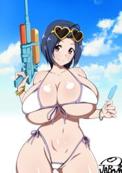 1girls bikini bracelet breasts bursting_breasts cleavage female huge_breasts idolmaster jabara_tornado miura_azusa navel popsicle short_hair signature smile solo string_bikini sunglasses sunglasses_on_head water_gun