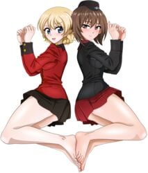 2girls bare_legs barefoot black_skirt blonde_hair blue_eyes blush braid breasts brown_eyes brown_hair closed_mouth darjeeling eyebrows_visible_through_hair feet feet_together feet_touching footsie french_braid girls_und_panzer hair_between_eyes handjob_gesture hands_together hat highres kuromorimine_military_uniform leenvidia looking_at_another looking_over_shoulder lying medium_breasts military military_uniform multiple_girls nishizumi_maho on_side open_mouth red_skirt shiny shiny_hair shiny_skin short_hair skirt st._gloriana's_military_uniform thighs transparent_background uniform yuri