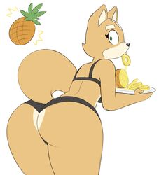 1girls acstlu animal_ears animal_tail anthro ass back big_ass big_butt black_bra black_nose black_panties black_underwear bra breasts brown_fur butt canine clothing curvy eating eyelashes female female_only food fox fox_ears fox_mccloud fox_tail fruit fully_clothed furry furry_only green_eyes heart-shaped_butt highres holding_food holding_plate huge_ass huge_butt large_ass leaning_forward looking_at_viewer looking_back mammal nintendo panties pineapple plate raised_tail rule_63 sexually_suggestive solo star_fox tail thick_thighs video_game video_games white_background wide_hips