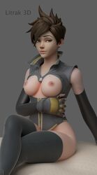 1girls 3d alternate_costume blizzard_entertainment breasts breasts_out british brown_eyes brown_hair european eyeliner female female_only freckles grey_background litrak looking_at_viewer overwatch pale-skinned_female petite rose_tracer seductive_eyes seductive_look short_hair smile smiling smirk spiky_hair thigh_highs thighhighs thighs tracer