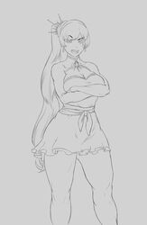 1girls big_breasts breasts cleavage clothed crossed_arms dress female jlullaby monochrome pose rwby source_request thick_thighs weiss_schnee wide_hips