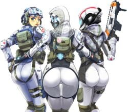 2d 3girls 5_fingers arm_around_waist armor armour ass back_view backboob backsack backside big_ass blue_eyes blue_iris eyeshadow faceless_female female female_imc_assault female_imc_close_quarters female_imc_sniper female_only female_soldier fit fit_female glowing_visor gun helmet hood human light-skinned_female light_skin mask mouth_open open_mouth pilot_(titanfall) ranged_weapon respawn_entertainment skin_tight soldier standing thigh_gap tight_clothing titanfall trio viewed_from_behind weapon white_sclera