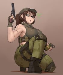 armpits biceps boots brown_hair camo camouflage camouflage_pants clothed female firearm footwear grenade gun gun_holster handgun handwear hat headwear holster human krekk0v looking_at_viewer military military_uniform muscular_female pale_skin ponytail revolver sideboob vest weapon