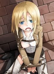 1girls after_oral attack_on_titan blonde_hair blue_eyes breasts christa_lenz cum cute female historia_reiss oral pillory public_use rape restrained ripped_clothing shingeki_no_kyojin stockade tagme teenager