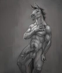 2016 andalusian animal_genitalia animal_penis anthro balls equid equine equine_penis erection greyscale hair hi_res horse horsecock jericho_(ulfhednar) klongi male male_only mammal mane monochrome muscular muscular_male nude penis simple_background solo standing