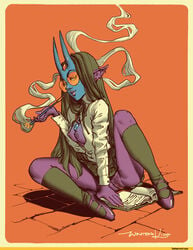 blue_skin book breasts breasts_out cigarette cigarette_holder ciocie_cioelle ciocie_cioelle_estrella_von_maximus_the_third come_hither demon eyewear female glasses horns kill_six_billion_demons kiseru long_hair partially_clothed pointy_ears purple_skin pussy shoes smoking spread_legs stockings webcomic wintonkidd