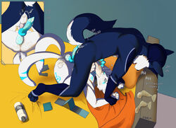 2019 2_tails 4_toes 5_fingers anthro ass_to_mouth balls bed blue_eyes blue_fur blue_penis bodily_fluids canid canine canis claws collar condom cum cum_in_ass cum_in_mouth cum_inside cum_on_face cum_on_feet cum_while_penetrated english_text etis feet filled_condom fingers foot_fetish footjob forced forced_oral fox fur genital_fluids hands-free hi_res humanoid_hands lube lying male male/male male_penetrated male_penetrating male_penetrating_male mammal markings multi_tail on_back on_bed oral orgasm pawpads penetration penis sex signature snofu text toes white_balls white_fur white_penis wolf