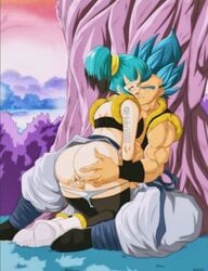 1boy 1girls ass ass_grab big_ass black_highlights blue_eyes blue_hair boots bulchi clothed clothed_sex clothes clothing color dragon_ball dragon_ball_super female fingering fused_sex fusion gogeta hair hypothetical_fusion jpeg_artifacts line_art metamoran_clothing muscles muscular muscular_male nala1588 panties pants_down ponytail super_saiyan_blue watermark