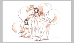 2019 anthro ass blush breasts buckteeth claws female group hair mammal nipples nude plantigrade post_transformation pussy rodent sciurid simple_background smile standing strawberrytfs teeth toe_claws white_background yuri