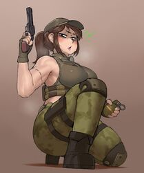 biceps blush boots brown_hair camo camouflage camouflage_pants clothed clothing female firearm footwear grenade gun handgun handwear hat headwear heavy_breathing holster human krekk0v looking_at_viewer military military_uniform muscular_female ponytail red_cheeks revolver sideboob smell steam sweat sweaty vest weapon