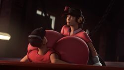 1boy 1boy1girl 1girls 3d big_breasts bow breast_expansion breast_growth breasts breasts_bigger_than_head brown_hair clothed clothes clothing femscout gigantic_breasts hat huge_breasts human hyper hyper_breasts hyper_fortress indoors inside large_breasts miniribbons ponytail rule_63 scout sfm source_filmmaker team_fortress_2 valve