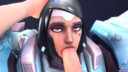 3d 3d_(artwork) alternate_costume angry blowjob brown_skin dark-skinned_female dark_skin egyptian eye_contact fellatio female frown interracial light-skinned_male light_skin looking_at_viewer male mecha netfuta overwatch penis pharah raptorion_pharah render source_filmmaker