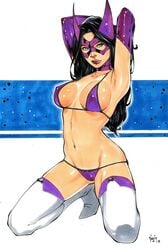 1girls 2019 abstract_background alternate_costume arms_behind_head arms_up batman_(series) belly_button big_breasts bikini birds_of_prey black_hair blue_eyes bra breasts dated dc dc_comics ed_benes_studio erect_nipples erect_nipples_under_clothes eyeshadow female female_only gloves helena_bertinelli human huntress_(dc) justice_league kneeling large_breasts lipstick long_hair makeup mascara mask midriff navel nipple_bulge nipples panties pinup purple_bikini purple_bra purple_gloves purple_lips purple_lipstick purple_mask purple_panties signature simple_background solo stomach superheroine thighhighs vagner_fernandes white_thighhighs