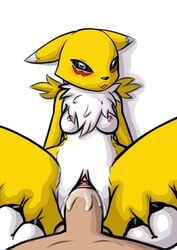 2019 absurd_res anthro blush bodily_fluids breasts canid canine claws cum digimon digimon_(species) digital_media_(artwork) duo female female_penetrated fur genital_fluids haiiromon hi_res human human_on_anthro interspecies male mammal nipples nude penetration penis pussy renamon sex shounen_jump simple_background straight tongue tongue_out vaginal_penetration white_fur yellow_fur