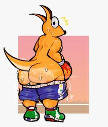 2022 anthro ass backsack balls big_butt blue_bottomwear blue_clothing blue_shorts bodily_fluids border bottomwear bottomwear_down boxing_gloves clothed clothing fire footwear fur genitals grass handwear hi_res kangaroo kao_(kao_the_kangaroo) kao_the_kangaroo leprosick looking_back macropod male male_only mammal marsupial mostly_nude motion_lines musk orange_body orange_fur outside pants pants_down partially_clothed plant shocked shoes shorts signature solo standing steam sweat sweatdrop sweaty_butt white_border