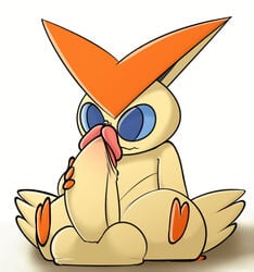 1boy balls big_penis blue_eyes bodily_fluids fur furry furry_only gay genital_fluids hi_res huge_penis huge_testicles humanoid_penis legendary_pokémon male male_only mammal nintendo penis pokémon_(species) pokemon pokemon_bw precum shortstack simple_background solo thick_thighs victini video_games vun wings